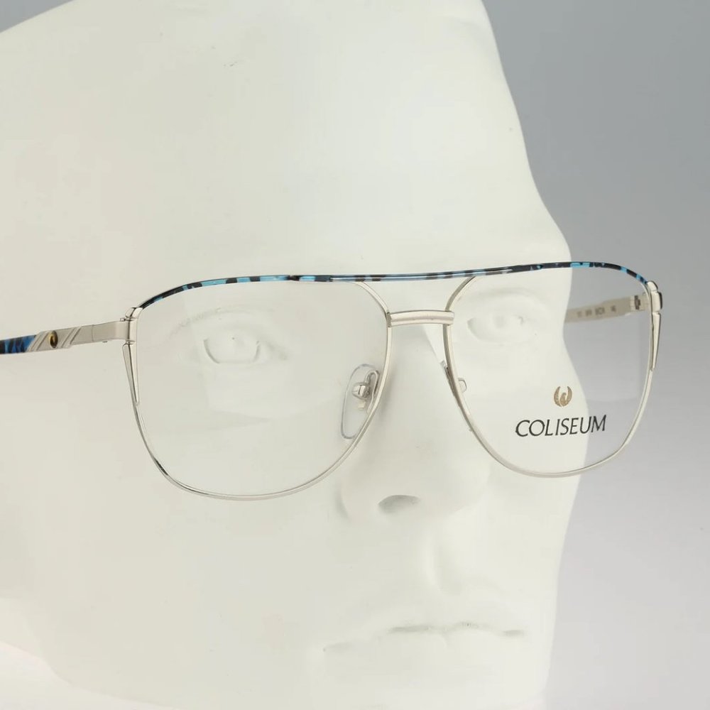 Coliseum 107, Vintage 80s unique blue and silver oversized aviator glasses frame